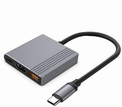 Gembird A-CM-COMBO3-05 USB Type-C 3 viename daugiaprievadis adapteris (USB prievadas + HDMI + USB-C vaizdo įrašymo įrenginys), pilkas