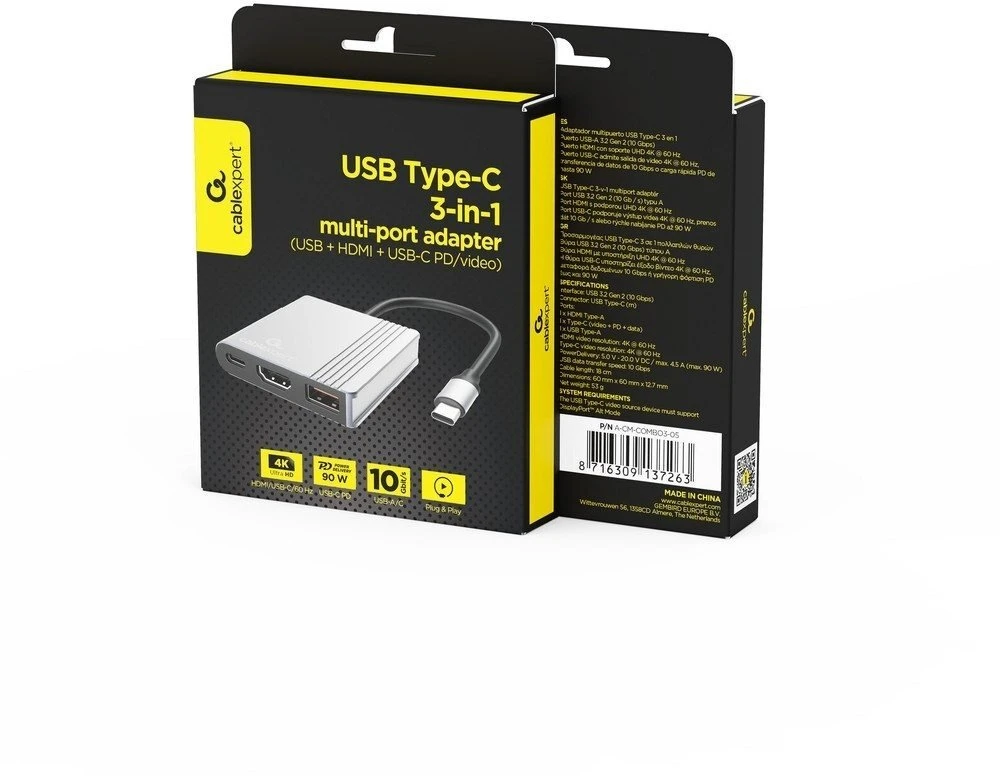 Gembird A-CM-COMBO3-05 USB Type-C 3 viename daugiaprievadis adapteris (USB prievadas + HDMI + USB-C vaizdo įrašymo įrenginys), pilkas
