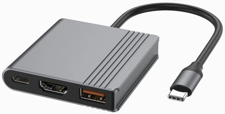 Gembird A-CM-COMBO3-05 USB Type-C 3 viename daugiaprievadis adapteris (USB prievadas + HDMI + USB-C vaizdo įrašymo įrenginys), pilkas