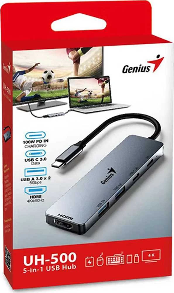USB ŠAKOTĖLIS Genius USB (3.0) šakotuvas 5 prievadų UH-500 pilka 2x USB 3.0 1x HDMI 2x USB-C Maitinimo šaltinis 100W