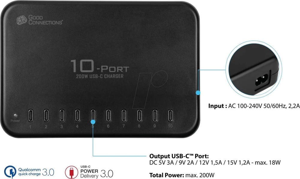 Good Connections GC USB stalinio kompiuterio greito įkrovimo stotelė 200 W, 10 prievadų (10x USB-C™), juoda