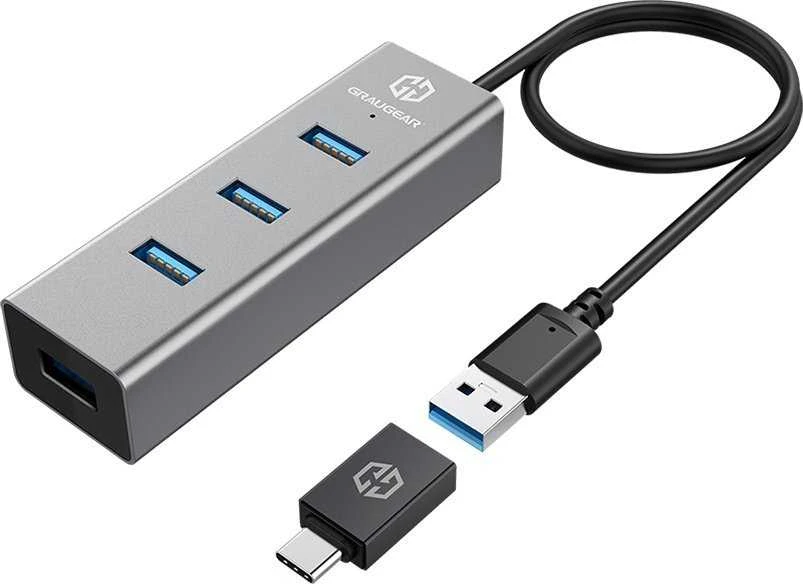 Graugear Pilkas USB Hub, 4 jungtys, including USB-C adapter