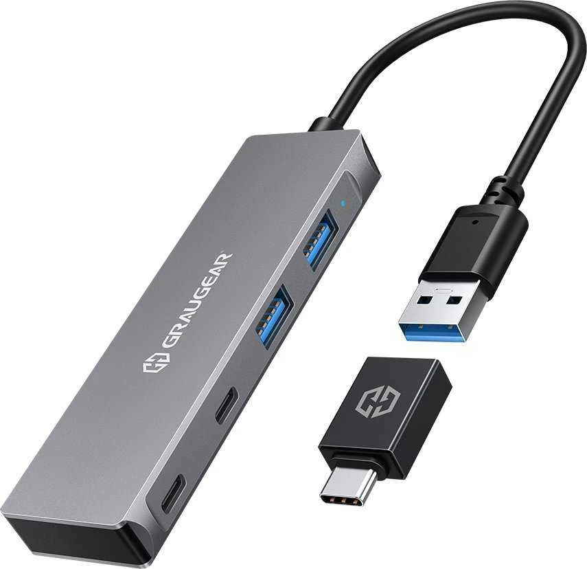 „Graugear Pilkas“ USB šakotuvas, 4 jungtys, 2x USB-A, 2x USB-C, įskaitant USB-C adapterį