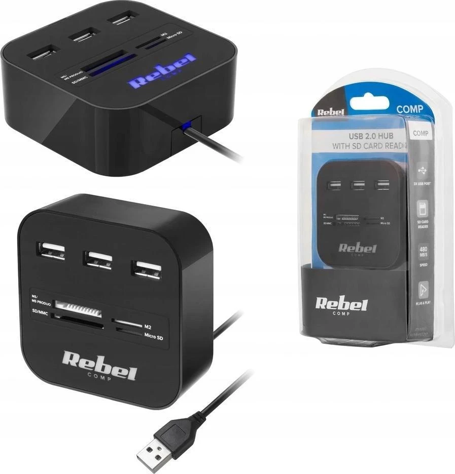 Rebel HUB USB 2.0 3 šakotuvas su atminties kortelių skaitytuvu