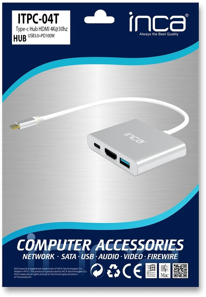 HUB USB Inca ITPC-04T huby i koncentratory USB Type-C 5000 Mbit/s sidabrinė, balta