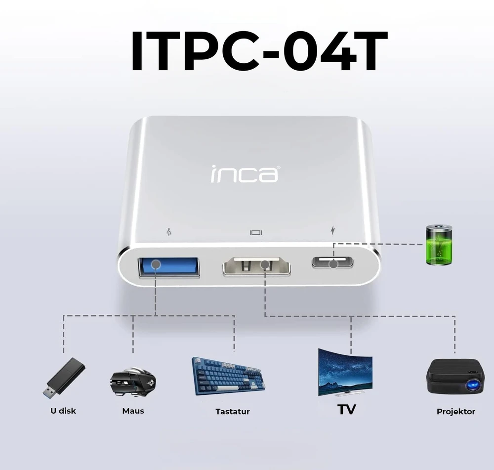 HUB USB Inca ITPC-04T huby i koncentratory USB Type-C 5000 Mbit/s sidabrinė, balta