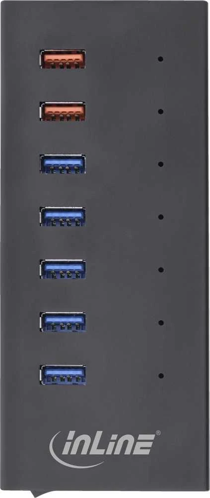 HUB USB InLine® USB 3.2 Gen.1 7 prievadų šakotuvo aliuminio dėklas su 2,5 A juodos spalvos maitinimo šaltiniu