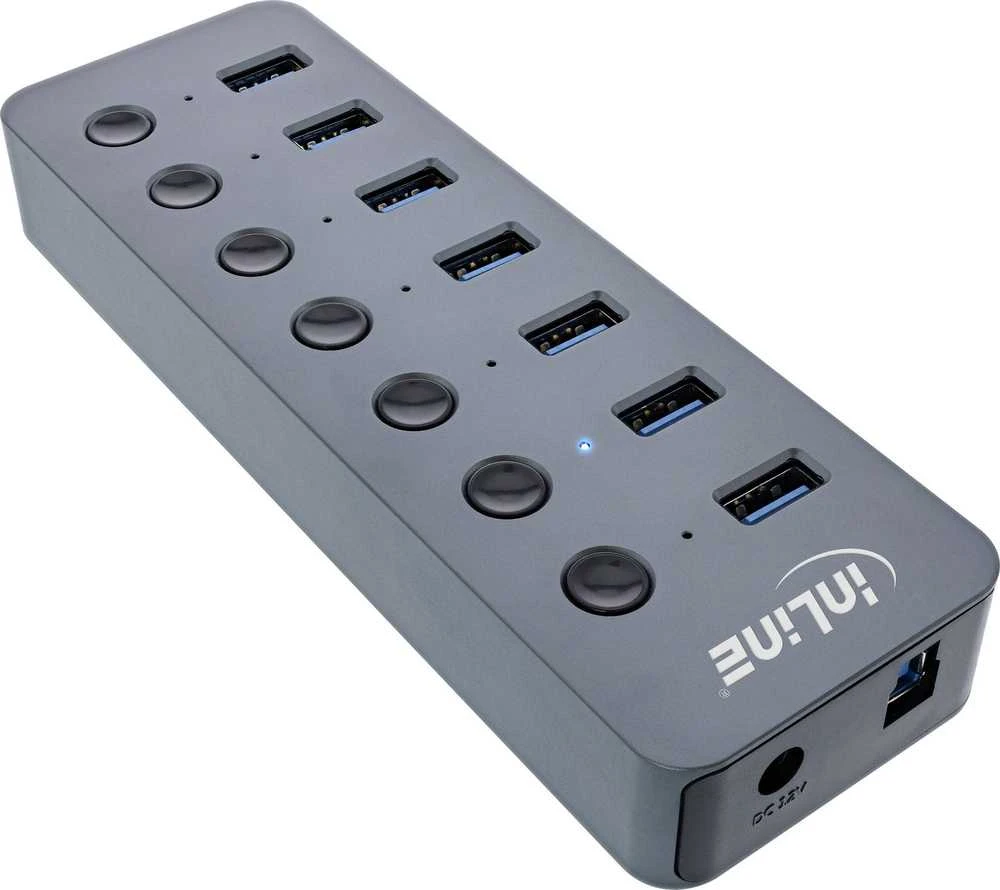 HUB USB InLine® USB 3.2 Gen.1 šakotuvas, 7 prievadų, su jungikliu, aliuminis, pilkas, su maitinimo bloku