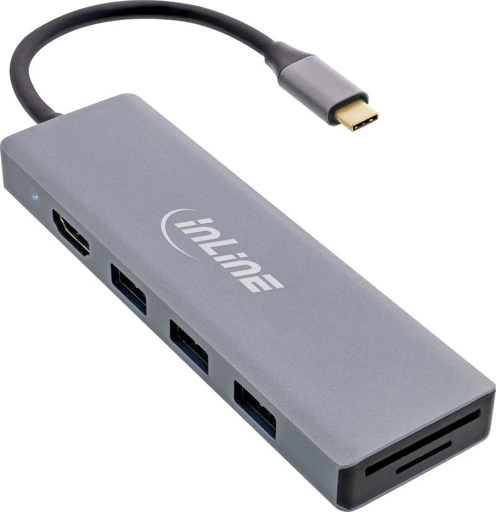 HUB USB InLine ® USB 3.2 Taip-C Multi Hub (3x USB-A 5Gb / s + USB Type- C (PD 100W), kortelių skaitytuvas, HDMI 4K @ 30Hz), OTG, aliuminio korpusas
