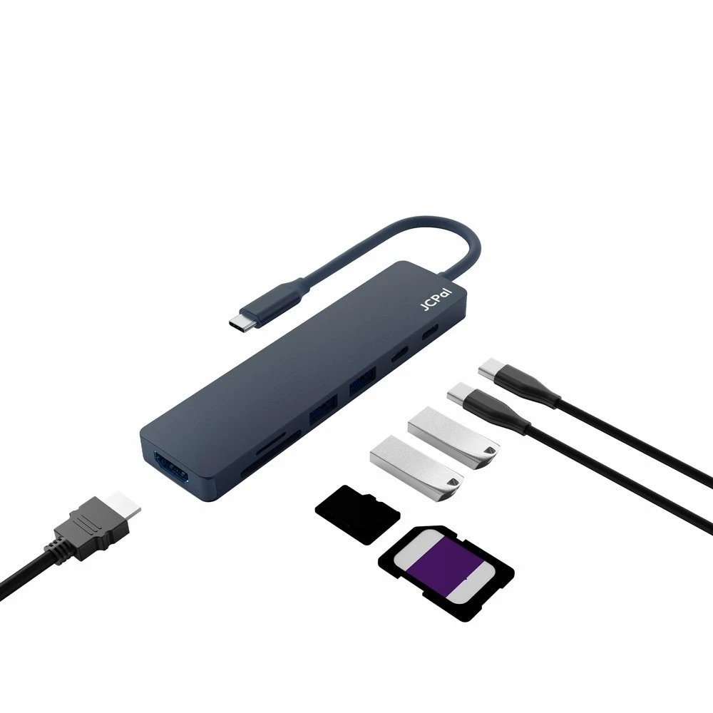 HUB USB Jcpal Linx USB-C 7in1 - USB-C adapteris (2 x USB-A 3.0 / USB-C 3.1 / HDMI 60Hz / micro/SD kortelių skaitytuvas / PD 100W) indigo (JCP6365)