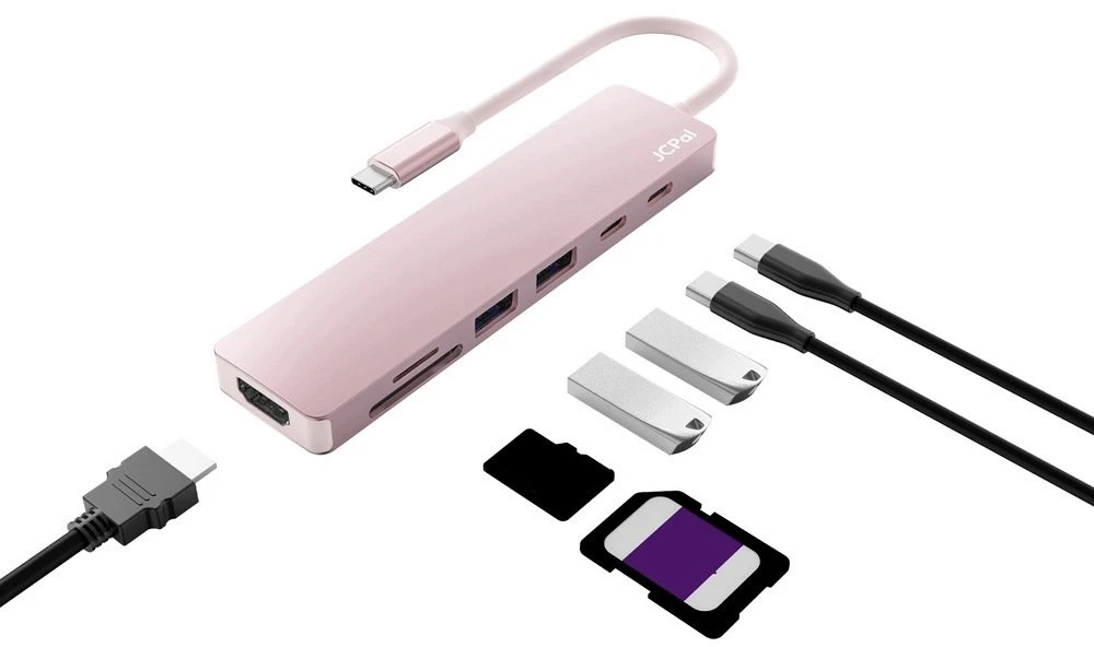 HUB USB Jcpal Linx USB-C 7in1 - USB-C adapteris (2 x USB-A 3.0 / USB-C 3.1 / HDMI 60Hz / micro/SD kortelių skaitytuvas / PD 100W) rožinė (JCP6363)