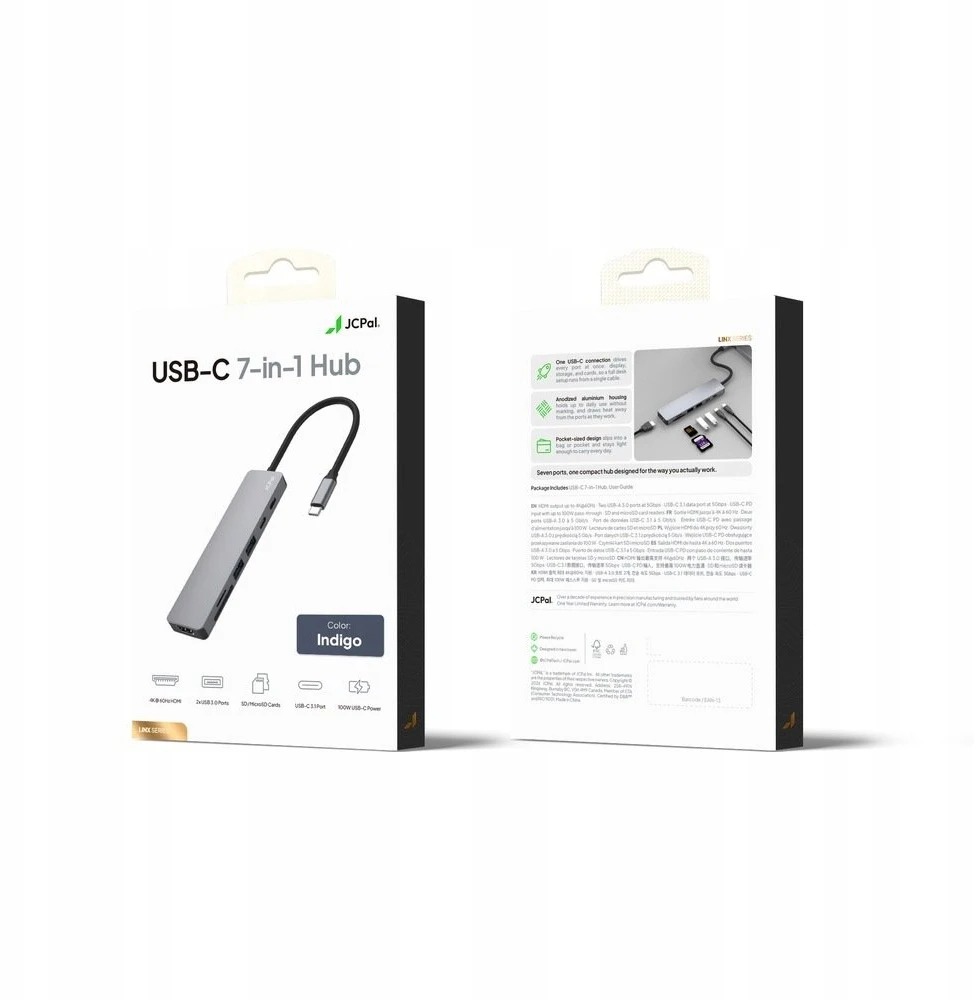 HUB USB Jcpal Linx USB-C 7in1 - USB-C adapteris (2 x USB-A 3.0 / USB-C 3.1 / HDMI 60Hz / micro/SD kortelių skaitytuvas / PD 100W) indigo (JCP6365)