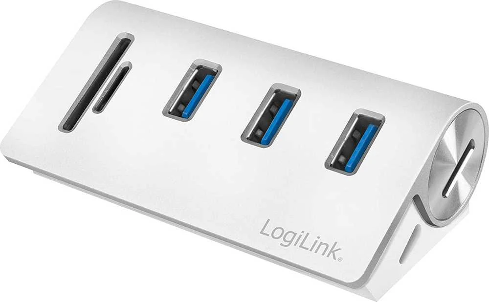 LOGILINK CR0045 LOGILINK - USB 3.0, 3 prievadų šakotuvas, su kortelių skaitytuvu ir aliuminio korpusu