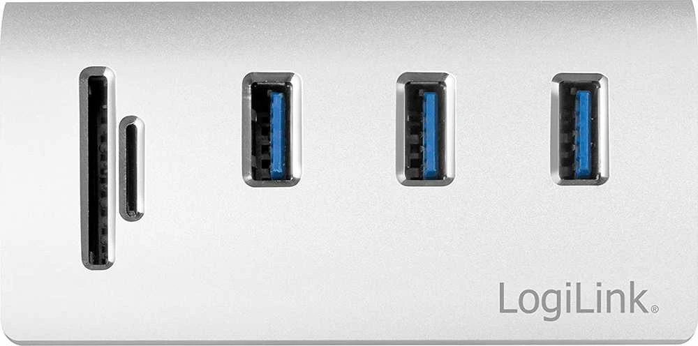 LOGILINK CR0045 LOGILINK - USB 3.0, 3 prievadų šakotuvas, su kortelių skaitytuvu ir aliuminio korpusu