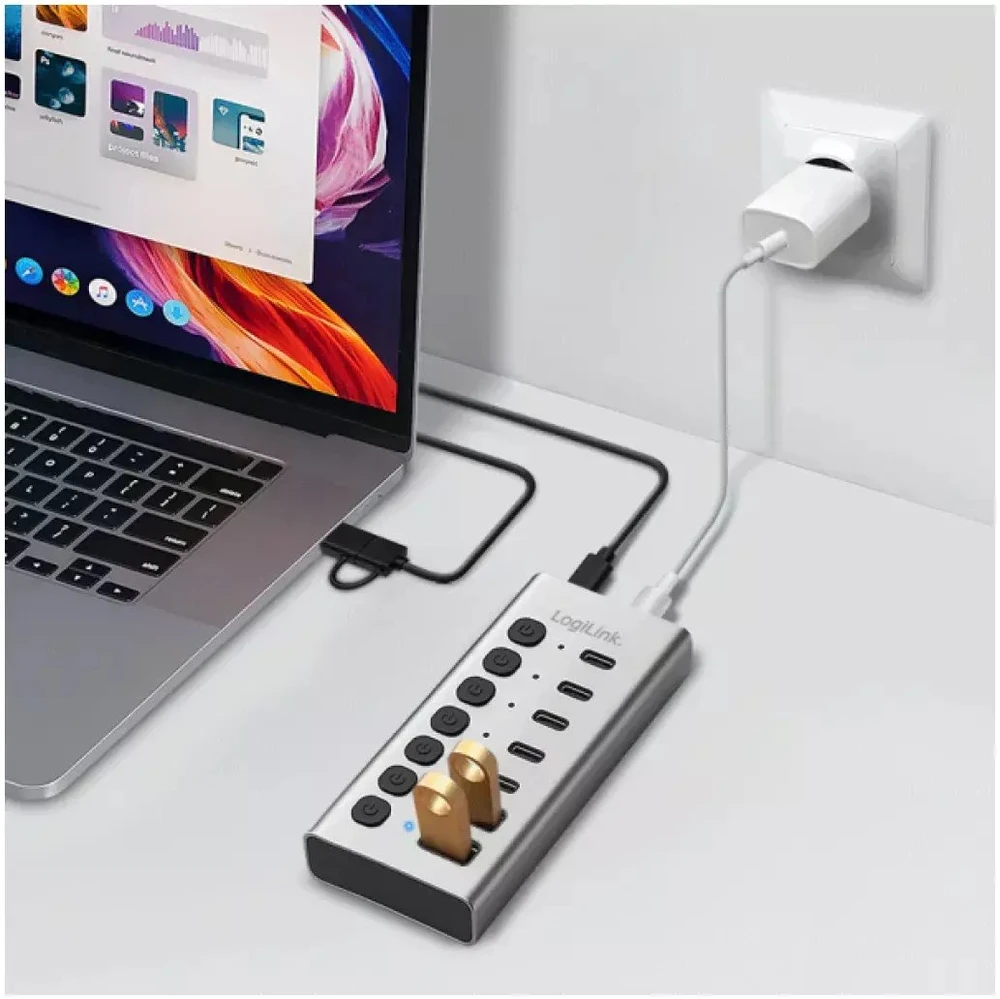 LogiLink 7xUSB-A/C šakotuvas su įjungimo/išjungimo jungikliu