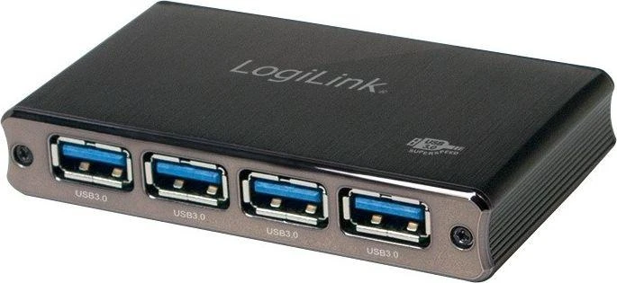 LogiLink Aliuminio HUB USB3.0 4 prievadų, juodas, Su maitinimo šaltiniu