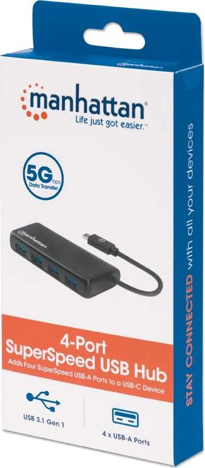 „Manhattan Manhatta“ 4 prievadų USB 3.2 Gen 1 šakotuvas, USB-C nuo 4 USB-A lizdų, 5 Gbps perdavimo sparta, maitinamas autobusu, Juodas, 164924