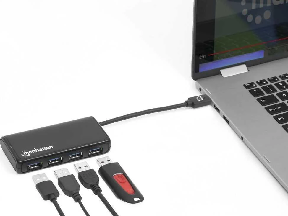 „Manhattan Manhatta“ 4 prievadų USB 3.2 Gen 1 šakotuvas, USB-C nuo 4 USB-A lizdų, 5 Gbps perdavimo sparta, maitinamas autobusu, Juodas, 164924
