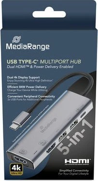 HUB USB MediaRange MediaRange HUB USB-C 5 in 1 Multiport Adapteris, sidabrinis