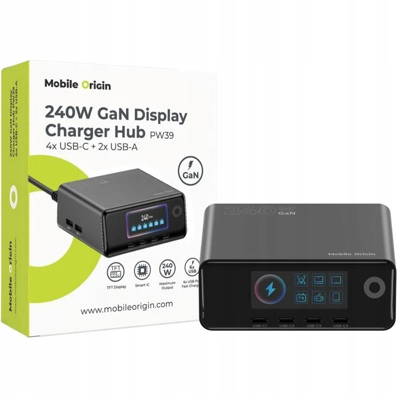 „Mobile Origin“ 240 W „GaN Ekranas“ įkrovimo šakotuvas PW39 – 4 USB-C + 2 USB-A