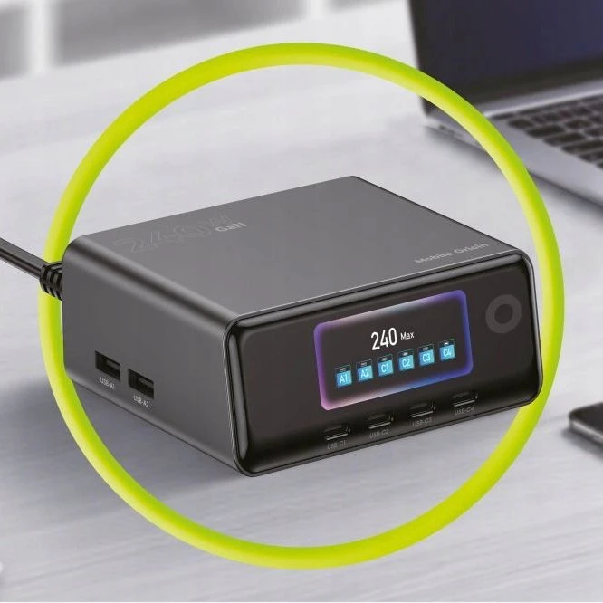 „Mobile Origin“ 240 W „GaN Ekranas“ įkrovimo šakotuvas PW39 – 4 USB-C + 2 USB-A