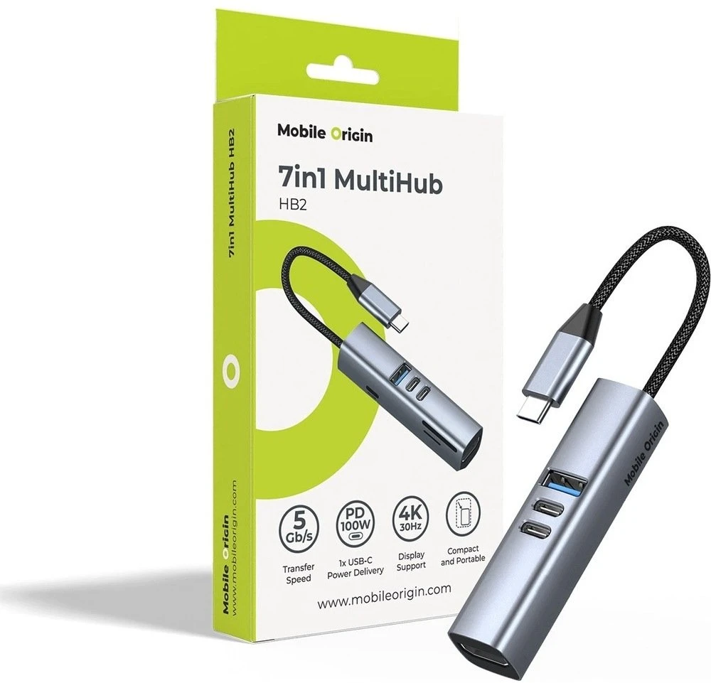Mobile Origin 7in1 daugiafunkcis šakotuvas HB2 – 3x USB-C, USB-A, HDMI, TF/SD kortelės, USB-C laidas