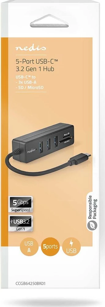 HUB USB Nedis CCGB64250BK01 doko stotelė Przewodowa USB Type-C Juodas