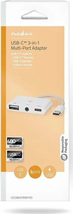 Nedis USB HUB CCGB64790WT01 doko stotelė Laidinis USB 2.0 Type-C Baltas