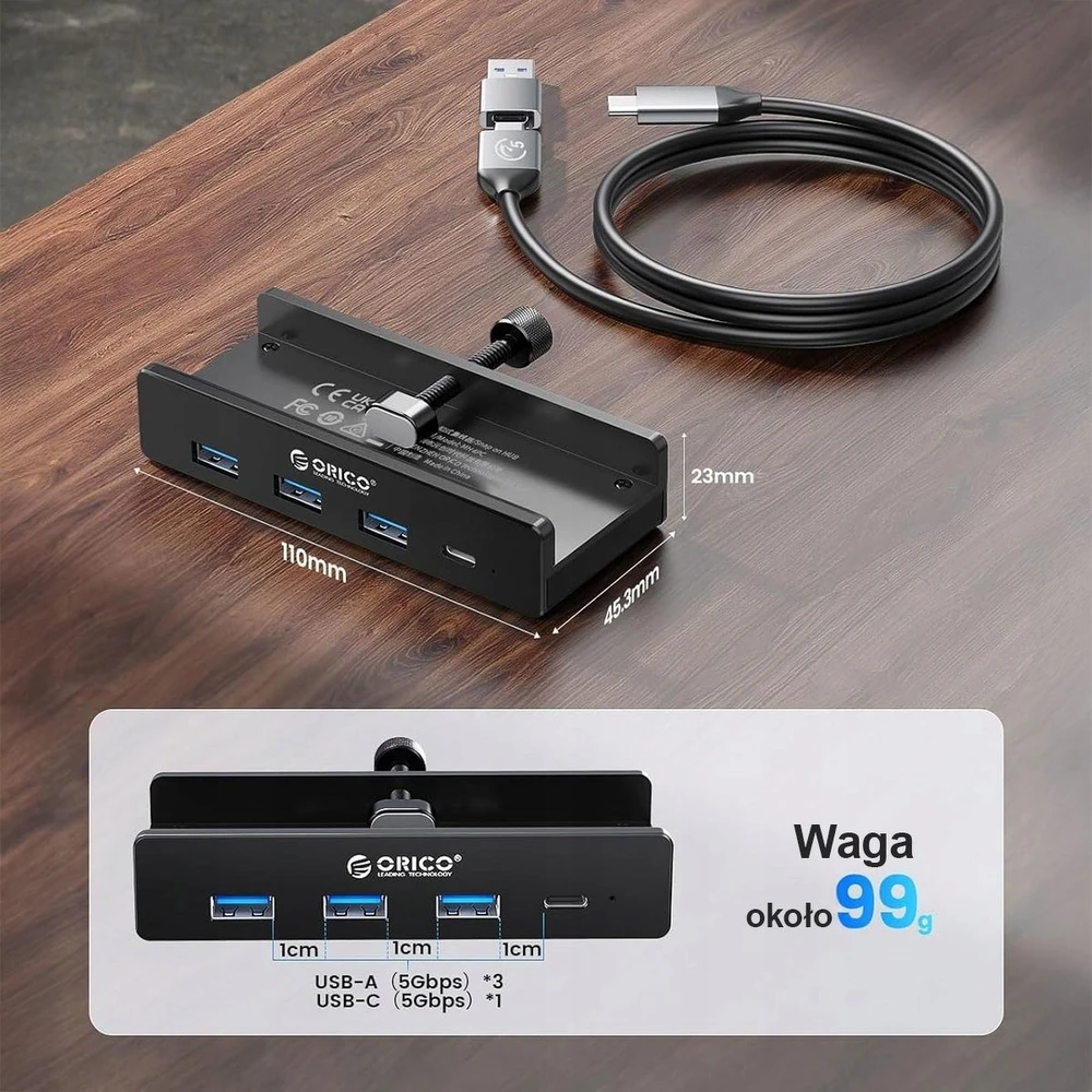 Orico USB šakotuvas su tvirtinimo varžtu ir matmenimis