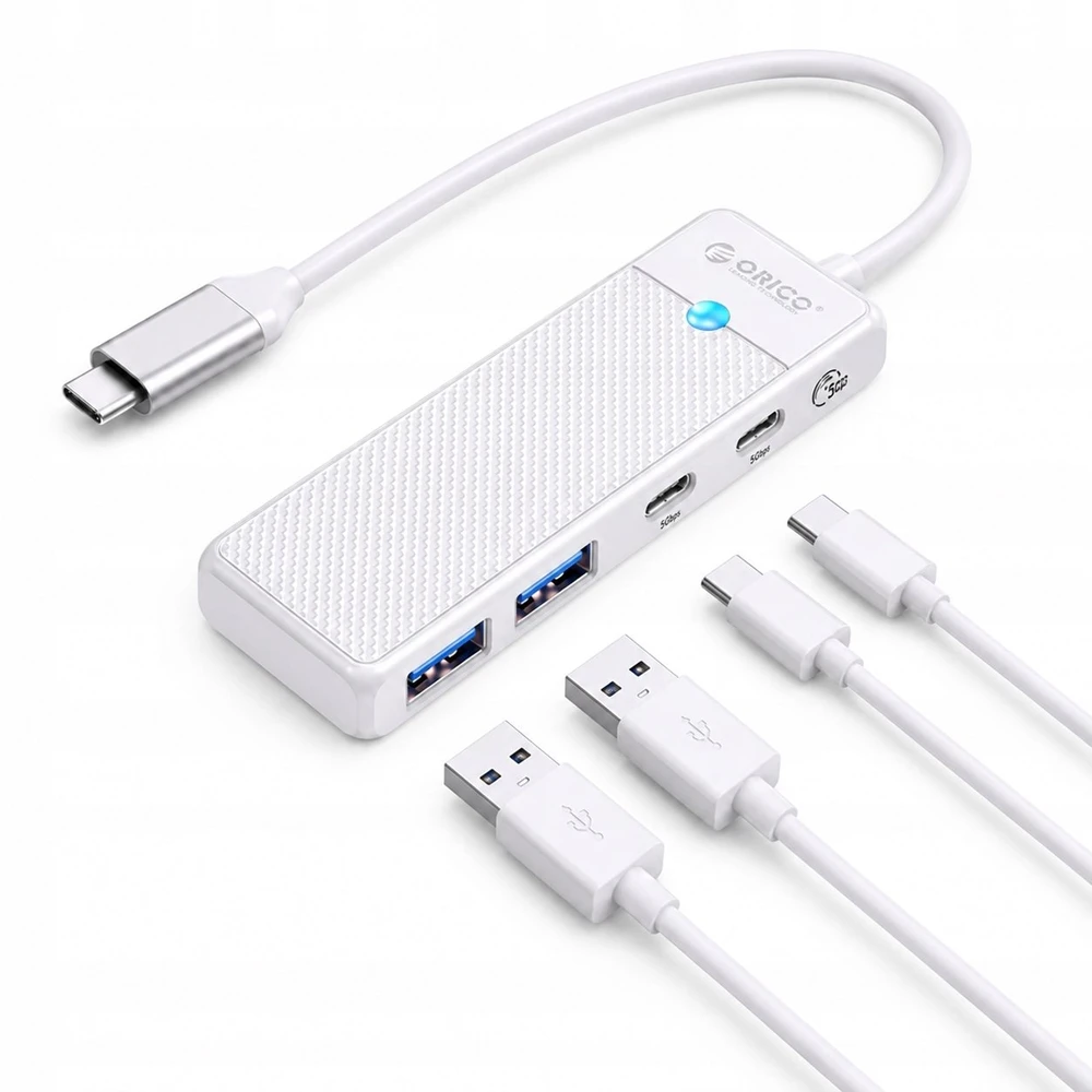 Orico PAPW2AC-C3 USB šakotuvas, 4 prievadų, 2x USB-A 3.0, 1x USB-C 3.0 su USB-C PD 100W įkrovimu, 0.15m - baltas