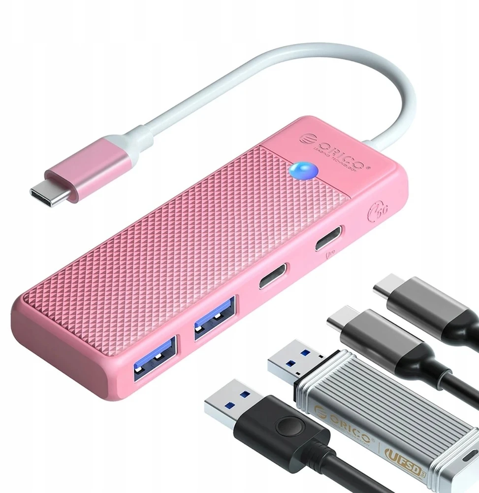 Orico PAPW2AC-C3-C3 USB šakotuvas, 4 prievadų, 2x USB-A 3.0, 1x USB-C 3.0 su USB-C PD 100W įkrovimu, 0,15 m, rožinis