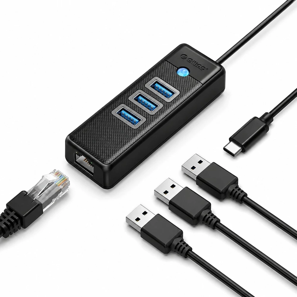 Orico PW3UR25-C3 USB šakotuvas 4 prievadų 3x USB-A 3.0 1x RJ45 2.5G Ethernet 0.15m - Juodas