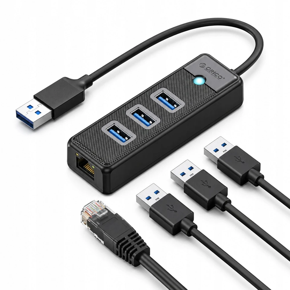 Orico PW3UR25-U3 USB šakotuvas 4 prievadų 3x USB-A 3.0 1x RJ45 2.5G Ethernet 0.5m - Juodas