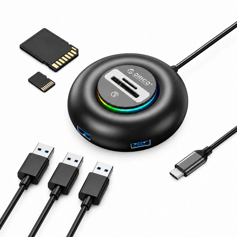 Orico YXR5-C3 USB šakotuvas su 4 prievadų USB-A 3.0 ir SD bei Micro SD kortelių skaitytuvu, 0,3 m - Juodas
