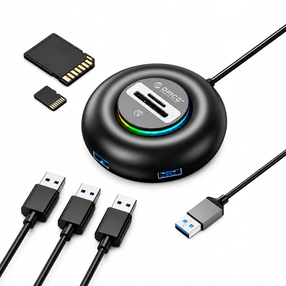 Orico YXR5-U3 RGB USB šakotuvas su 4 prievadų USB-A 3.0 ir SD bei Micro SD kortelių skaitytuvu, 0,3 m - Juodas