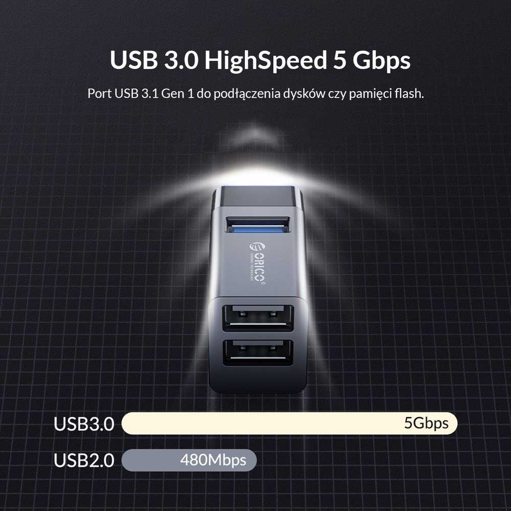 ORICO MINI HUB USB-A, 3x USB-A (2x2.0, 1x3.1), MINI-U32L-BK-BP
