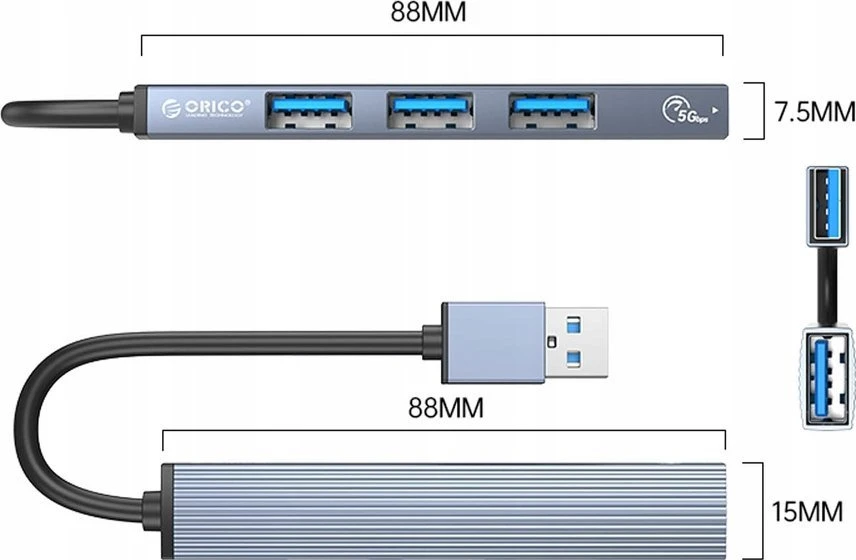 „Orico“ šakotuvas USB 5Gbps 1*USB-A 3.1, 3*USB-A 2.0, aliuminio