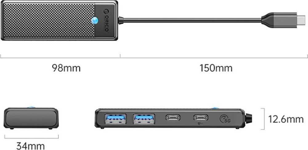 Adapterio šakotuvas 4in1 Orico USB A3.0x2 + Type-C3.0x1 + PD100Wx1