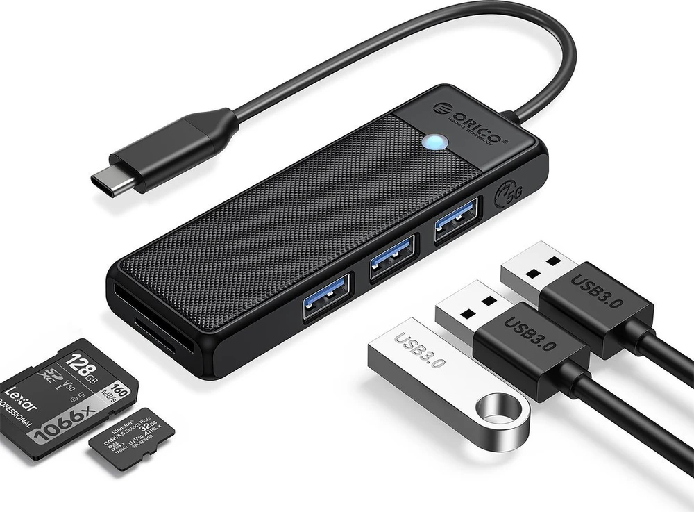 Adapterio šakotuvas 4in1 Orico USB A3.0x3+TF/SD3.0x1