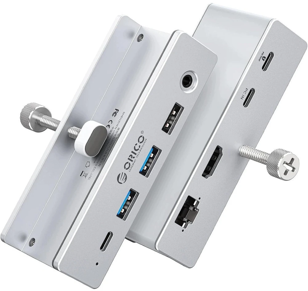 HUB USB Orico USB-C aktyvus, PowerDelivery 100W, HDMI 4K, RJ45, pritvirtinamas prie stalo, sidabrinis (MH8P-SV-BP)
