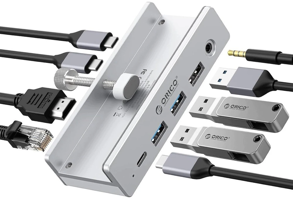 HUB USB Orico USB-C aktyvus, PowerDelivery 100W, HDMI 4K, RJ45, pritvirtinamas prie stalo, sidabrinis (MH8P-SV-BP)