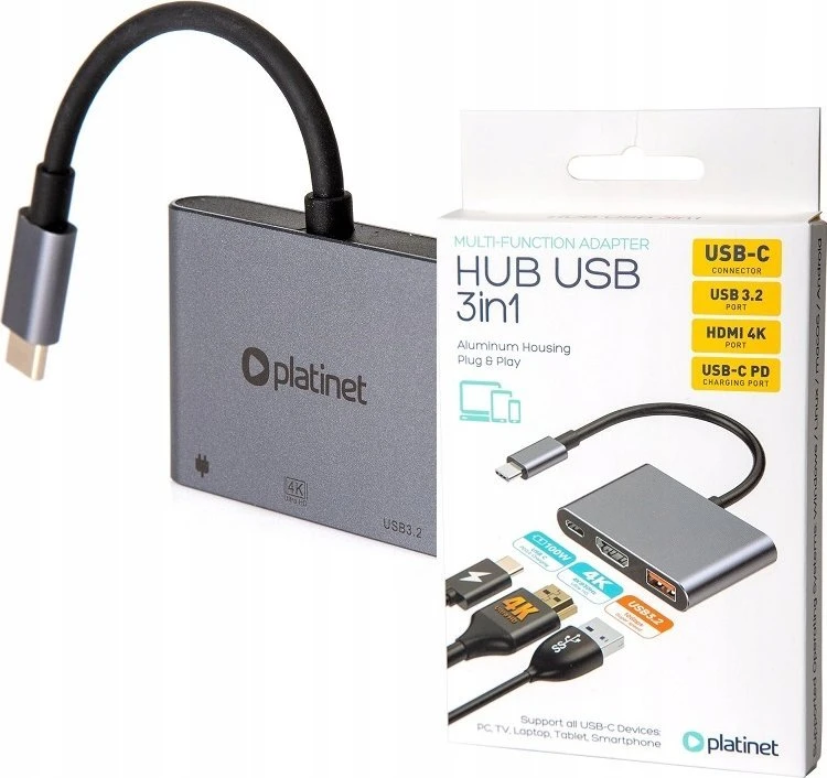 USB-C šakotuvas Platinet 3in1 (PMH9991T) (1xHDMI 4K; 1xUSB-C; 1xUSB 3.2)