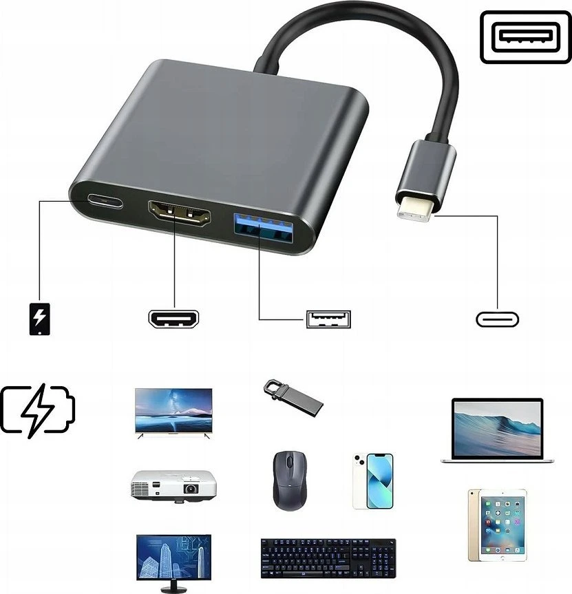 USB-C šakotuvas Platinet 3in1 (PMH9991T) (1xHDMI 4K; 1xUSB-C; 1xUSB 3.2)
