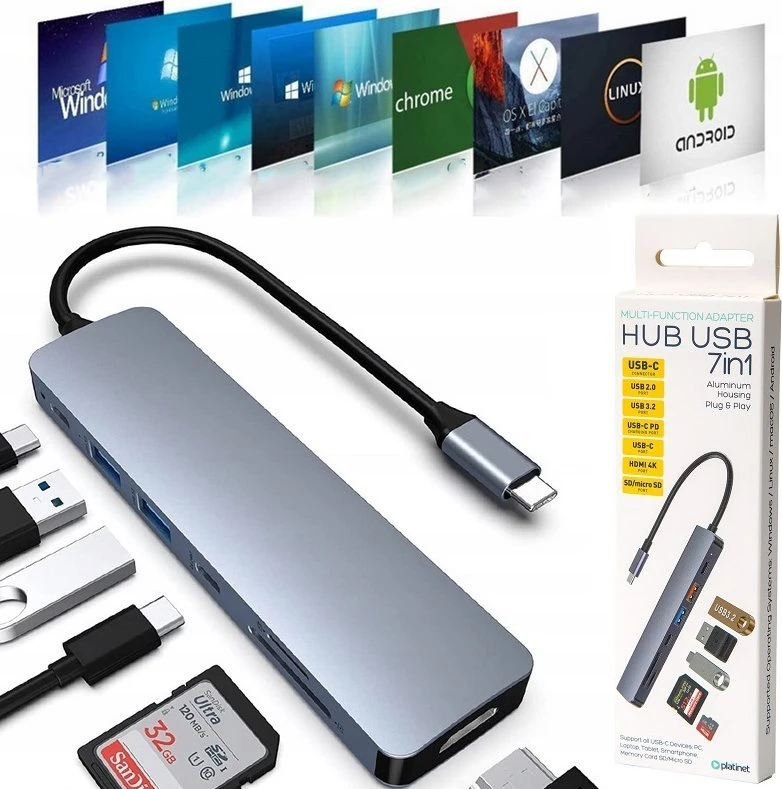 Platinet 7in1 USB-C šakotuvas (PMH9997B) (1xHDMI 4K; 1xUSB-C; 2xUSB 3.2; SD MicroSD)