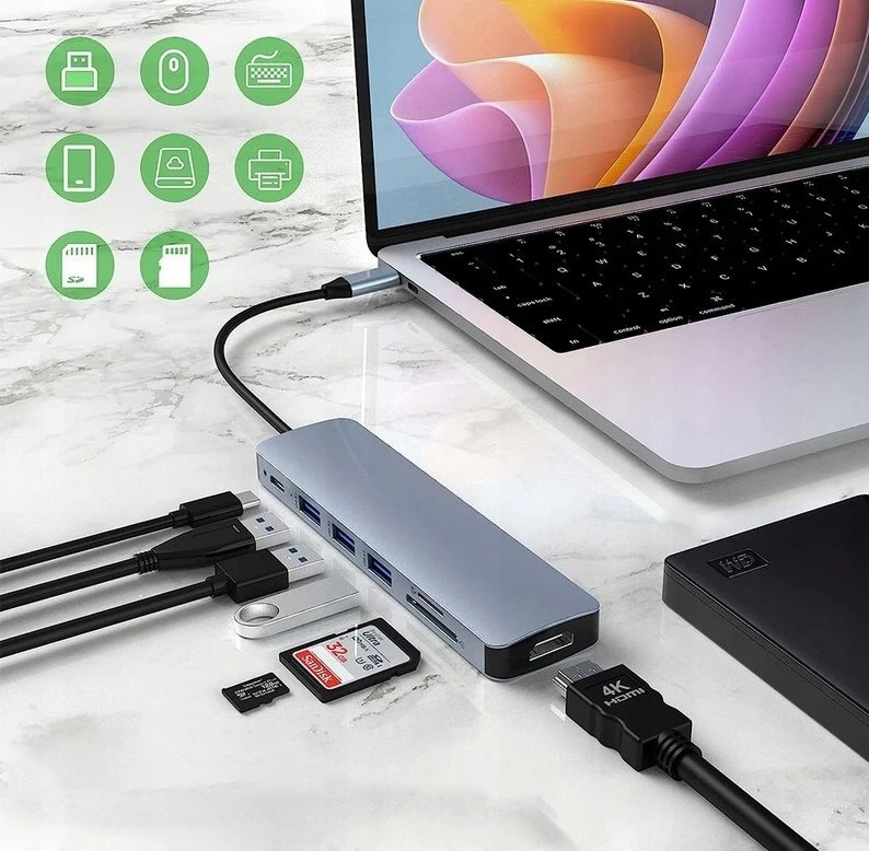 Platinet 7in1 USB-C šakotuvas (PMH9997B) (1xHDMI 4K; 1xUSB-C; 2xUSB 3.2; SD MicroSD)