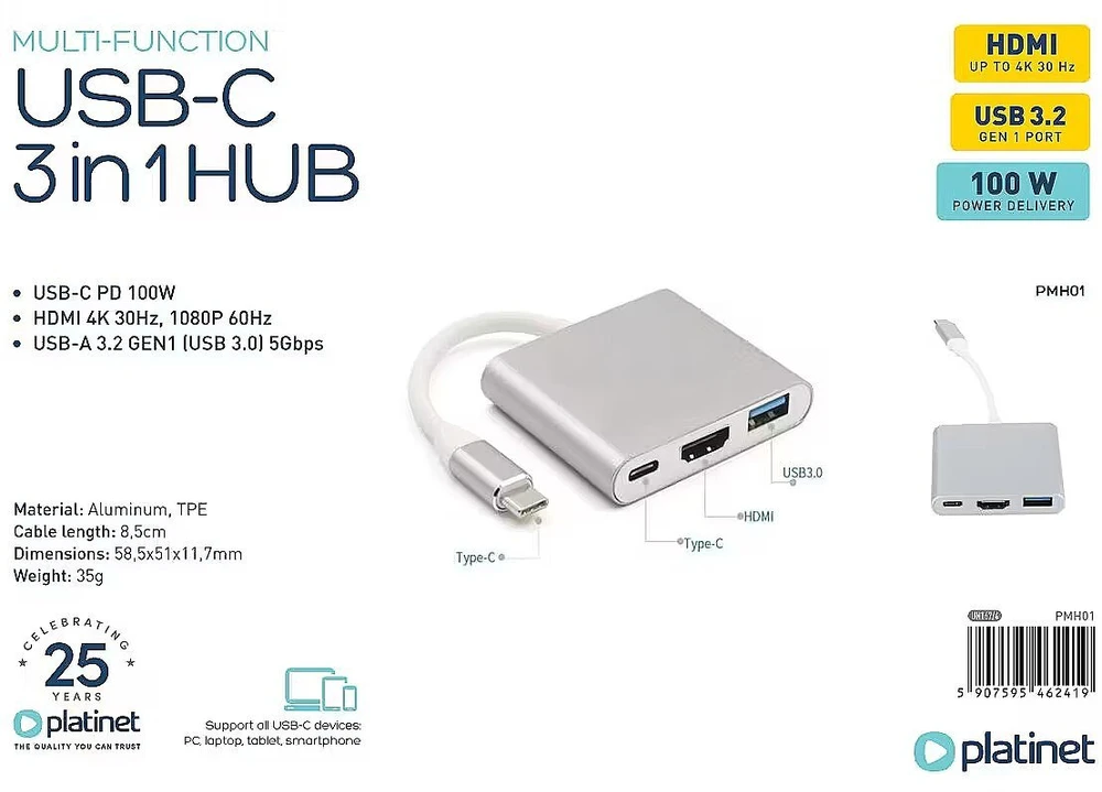 Platinet USB šakotuvas PLATINET medijos šakotuvas USB-C 3.2 GEN1 5GB/S 3IN1 HDMI 4K USB-A 3.2 USB-C PD 100W aliuminio [46241]