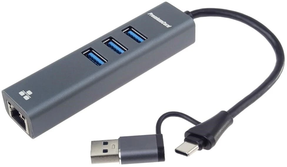 „PremiumCord“ adapteris USB-C į USB-A gigabito 10/100/1000 Mbps šakotuvas + 3 USB 3.2 jungtys
