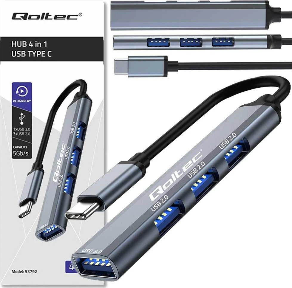 Centratorius adapteris usb-c 3.1 4in1 usb 3.0 3x 2.0 Qoltec