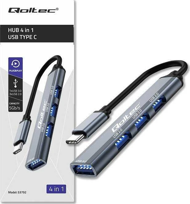 Centratorius adapteris usb-c 3.1 4in1 usb 3.0 3x 2.0 Qoltec
