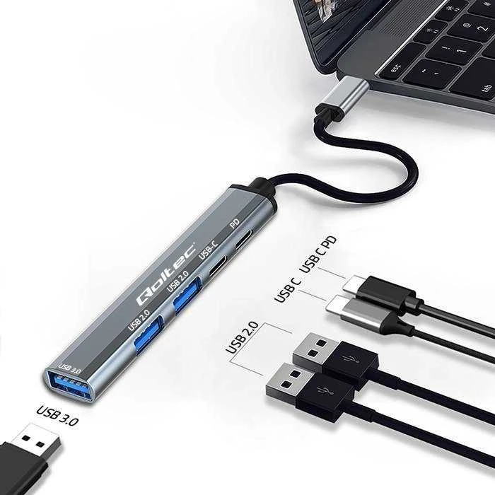 Qoltec 53790 Hub Adapteris USB-C 3.1 5in1 | USB-C PD| USB-C | 2x USB 2.0 | USB 3.0